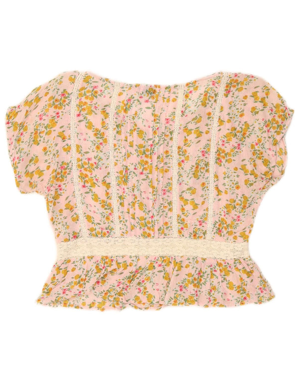 Blusa feminina Topshop cropped grande UK 6 XS rosa floral viscose
