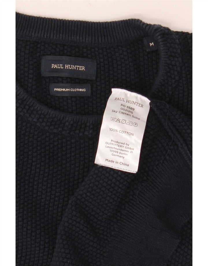 Suéter vintage masculino com gola redonda, algodão azul marinho médio