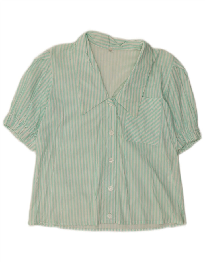 Blusa feminina VINTAGE de manga curta UK 14 risca de giz verde médio