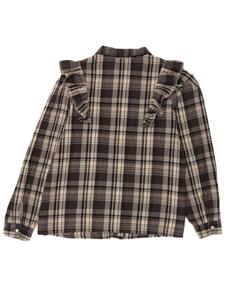 Camisa feminina Les Copains flanela com babados na frente IT 46 grande xadrez cinza