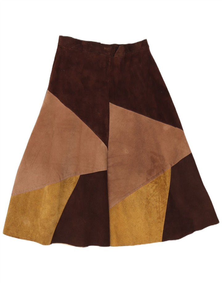 Saia larga feminina de camurça vintage W30 bloco colorido marrom médio