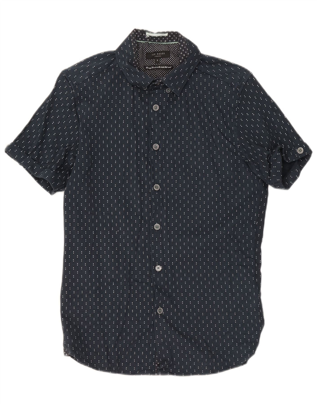 Camisa masculina de manga curta Ted Baker tamanho 3 algodão geométrico azul marinho médio