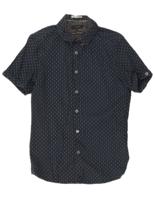 Camisa masculina de manga curta Ted Baker tamanho 3 algodão geométrico azul marinho médio