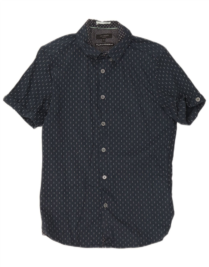 Camisa masculina de manga curta Ted Baker tamanho 3 algodão geométrico azul marinho médio