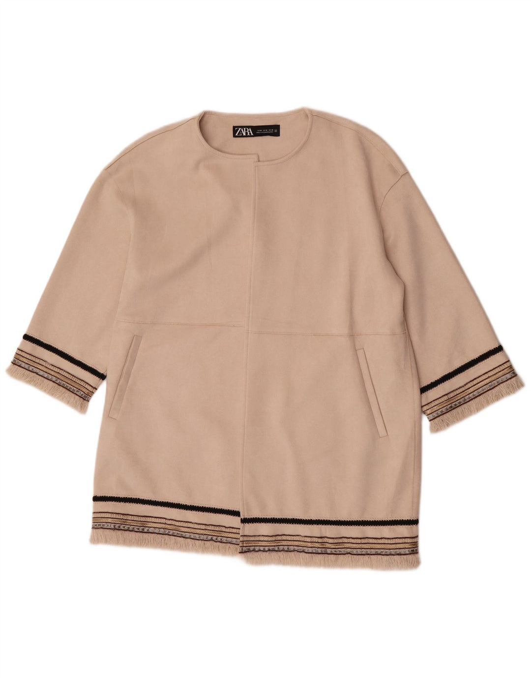 Zara Jaqueta Blazer Feminina Manga 3/4 Aberta Reino Unido 14 Médio Bege Listrado