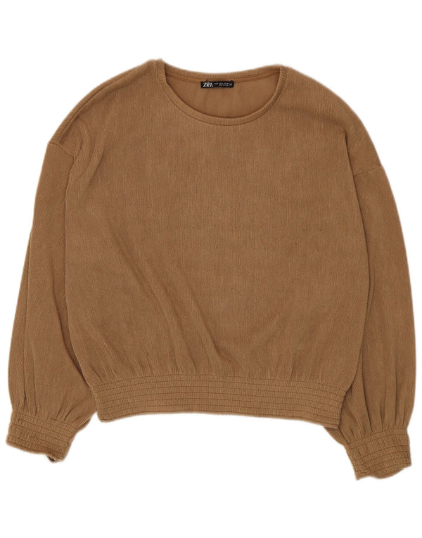 Blusa feminina de manga comprida Zara UK 14 poliéster bege médio