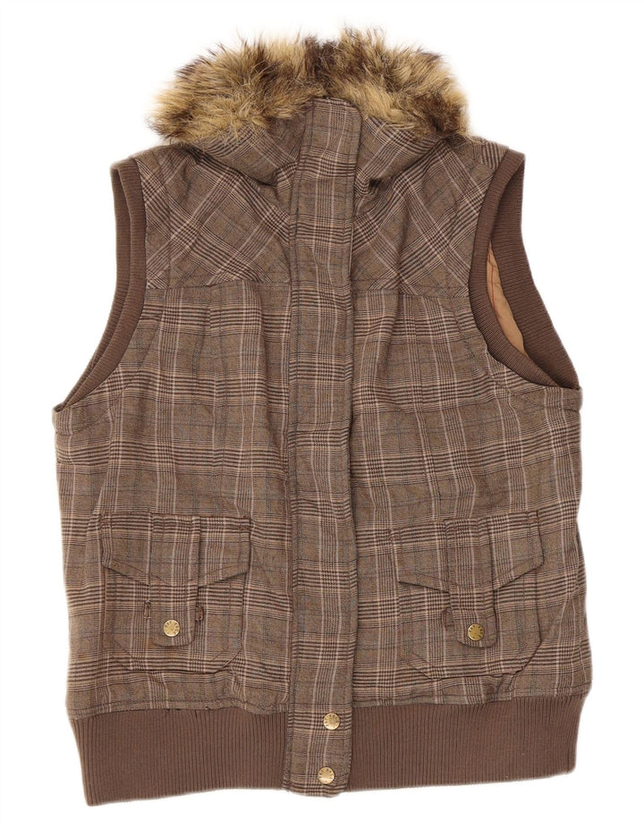 Fat Face Womens Gilet UK 12 Poliéster Houndstooth Marrom Médio
