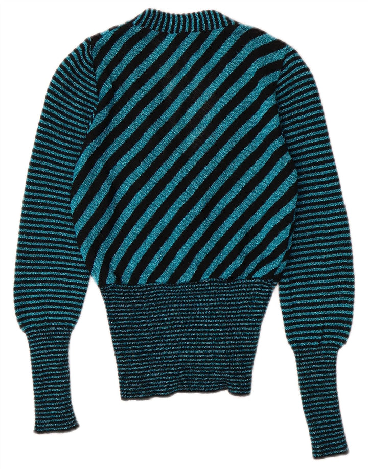 Suéter cardigã feminino vintage com decote em V Reino Unido 6 XS listrado turquesa