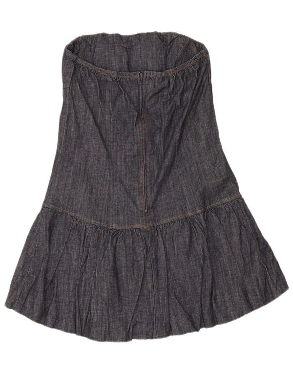 Mini vestido jeans feminino vintage sem alças Reino Unido 14 grande algodão azul marinho