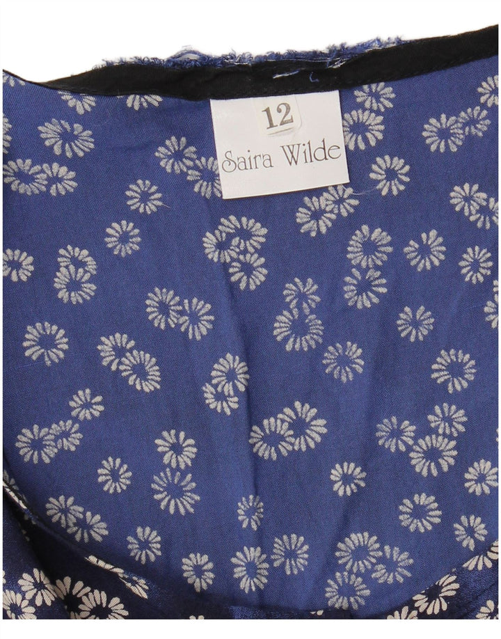 Vestido básico feminino sem mangas VINTAGE Reino Unido 12 viscose floral azul médio