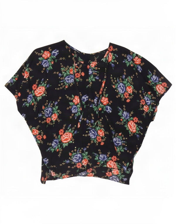 Blusa feminina vintage Batwing Top Reino Unido 16 grande azul marinho floral