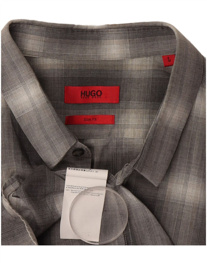 Camisa masculina Slim Fit Hugo Boss grande algodão xadrez cinza