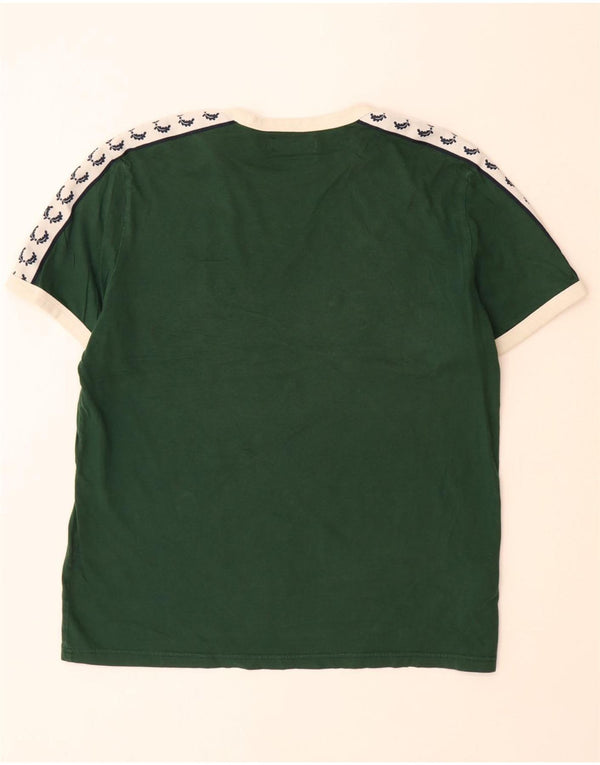 FRED PERRY Mens Graphic T-Shirt Top Large Green Colourblock Cotton