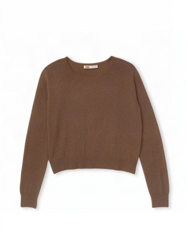 Suéter feminino Zara com gola canoa Reino Unido 16 grande cáqui manchado de viscose