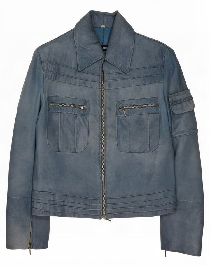 Jaqueta de couro feminina vintage UK 10 pequena azul