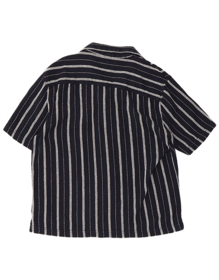 Zara Camisa masculina de manga curta médio azul marinho listrado algodão