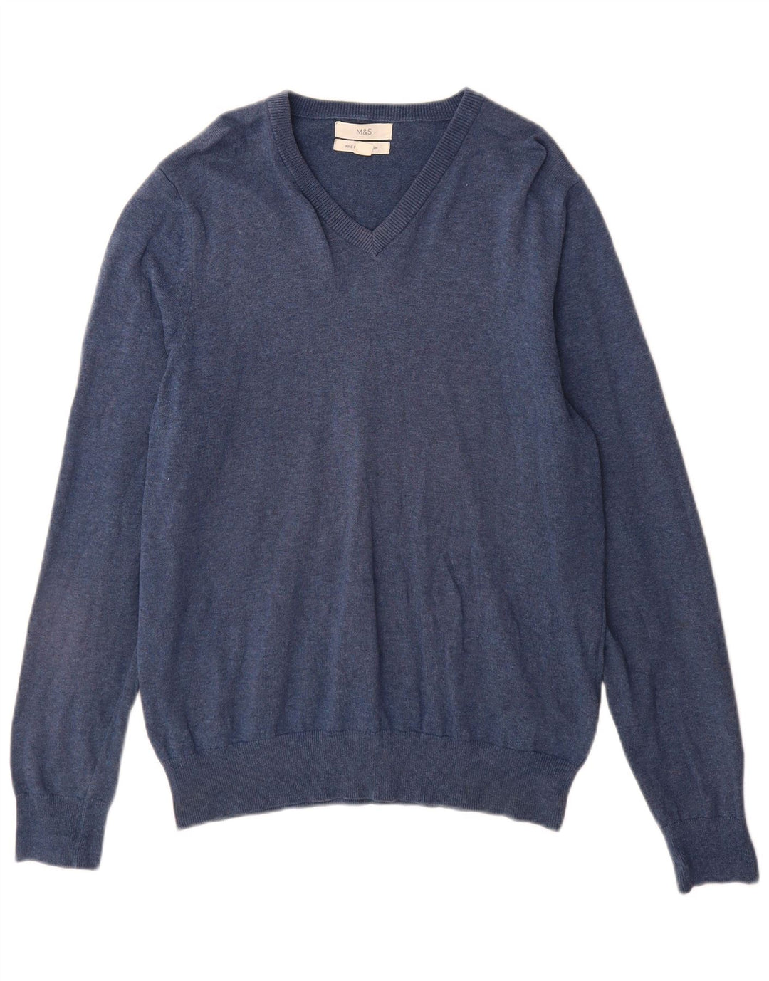 Suéter masculino Marks & Spencer com decote em V de algodão azul médio