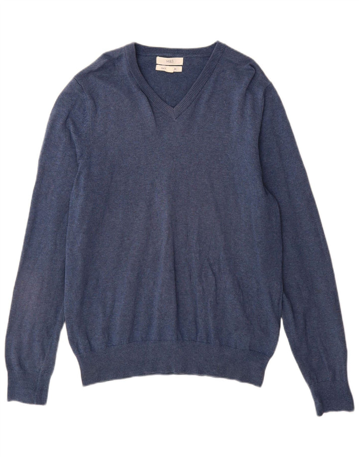 Suéter masculino Marks & Spencer com decote em V de algodão azul médio
