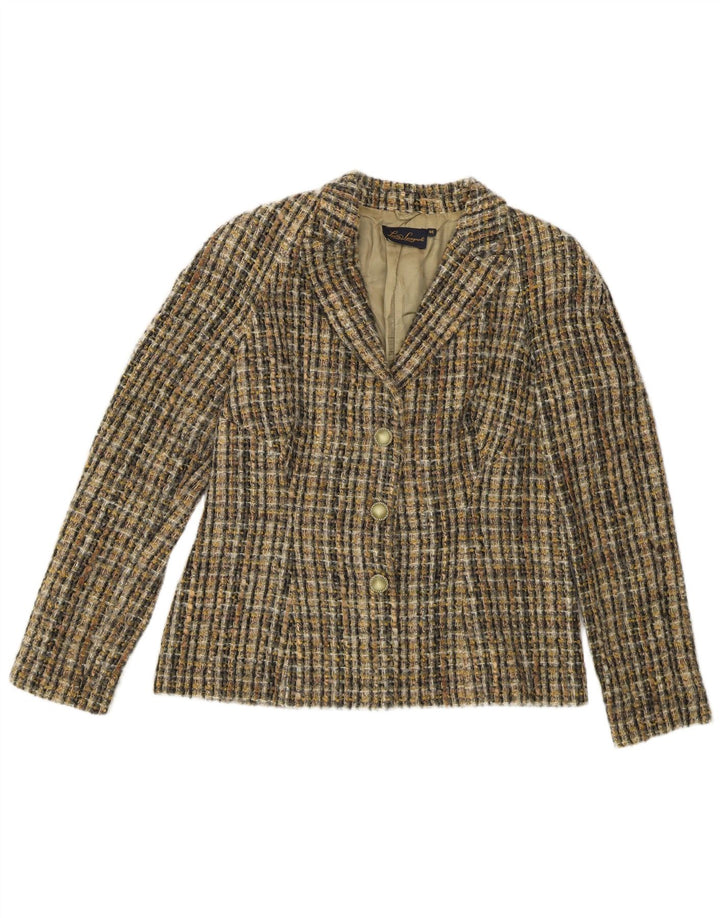 Luisa Spagnoli jaqueta blazer feminina de 3 botões IT 46 grande lã xadrez cáqui