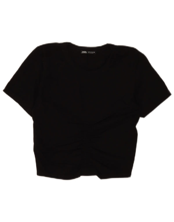 Zara Womens Crop T-Shirt Top UK 12 Médio Algodão Preto