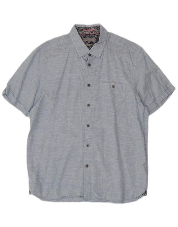 Camisa masculina de manga curta Ted Baker tamanho 5 XL algodão manchado azul