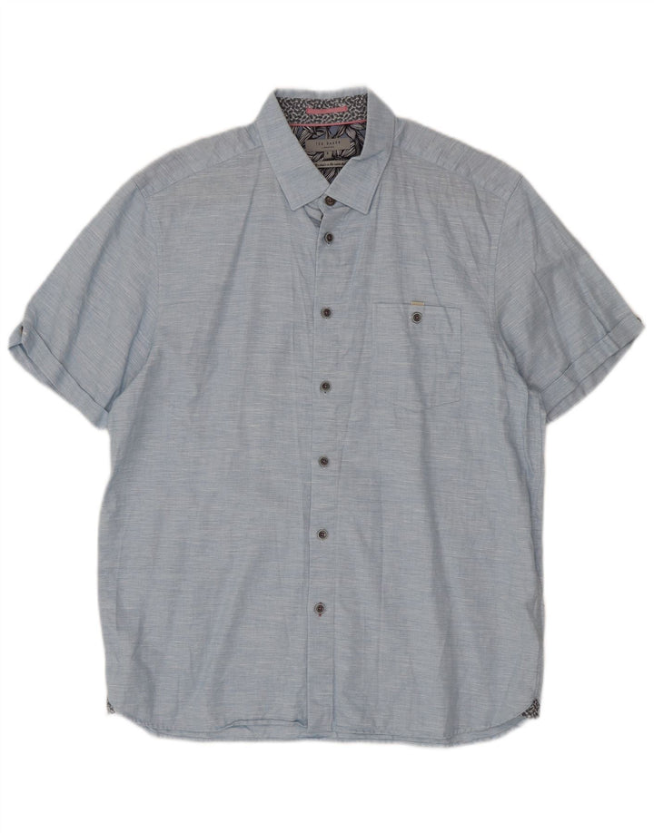 Camisa masculina de manga curta Ted Baker tamanho 5 XL algodão manchado azul