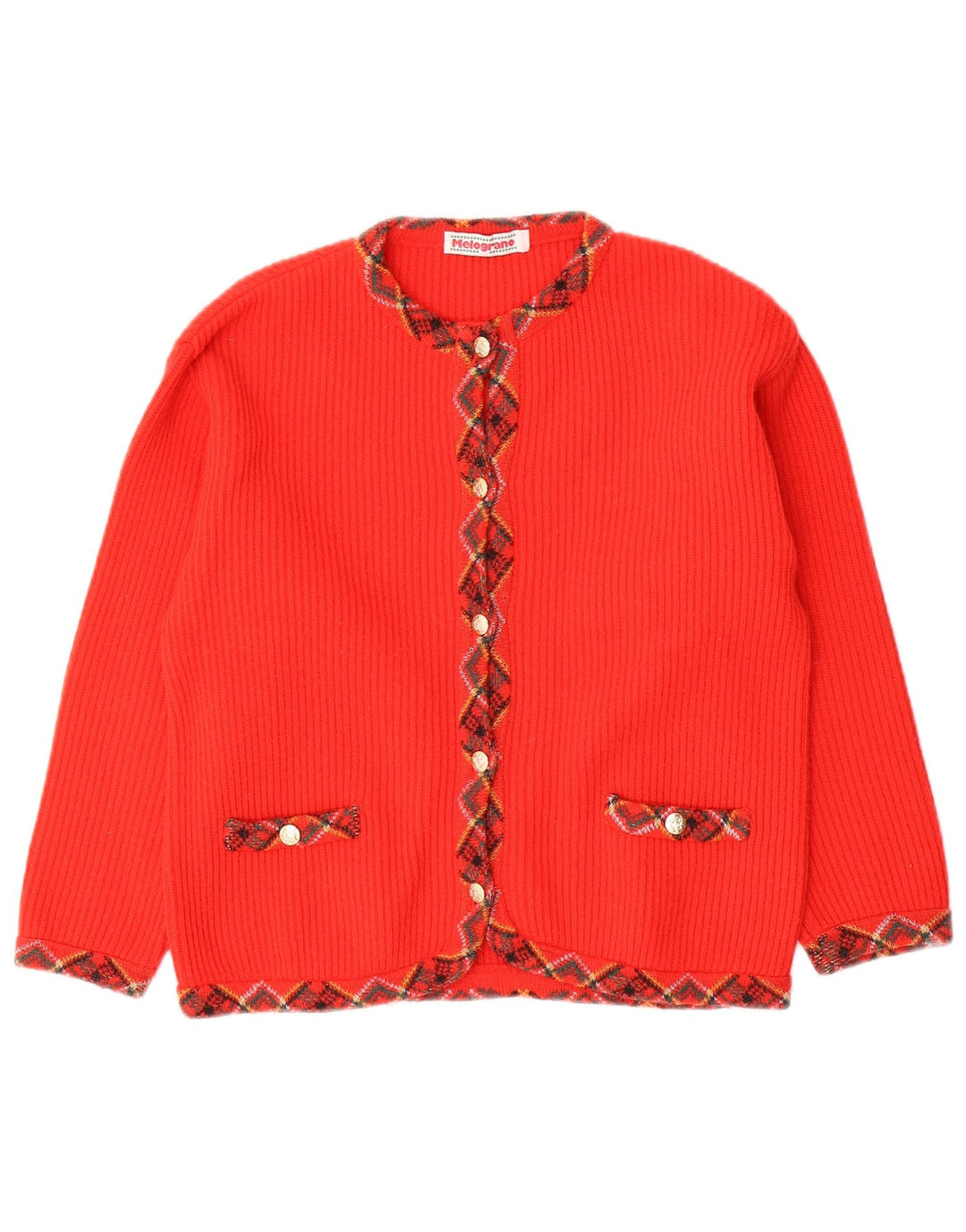 Suéter cardigã feminino vintage Reino Unido 12 médio vermelho argyle/lã diamante
