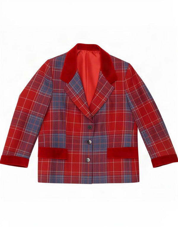 Blazer feminino vintage manga 3/4 com 3 botões Reino Unido 16 xadrez vermelho grande