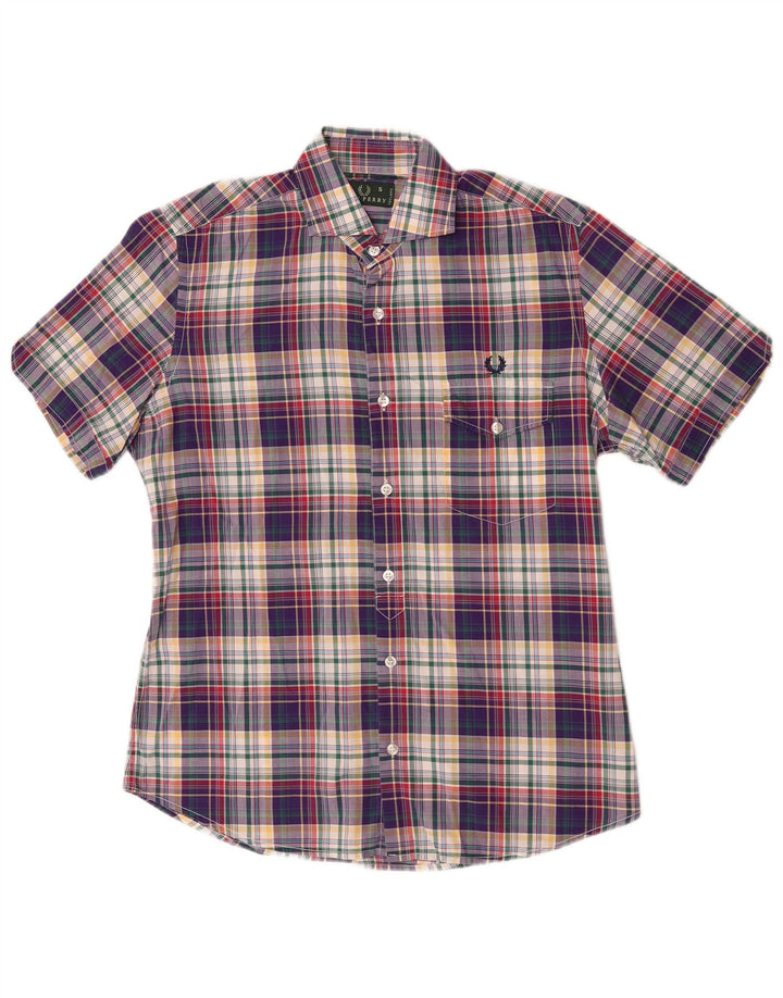 Fred Perry Camisa masculina de manga curta slim fit pequena xadrez multicolorida