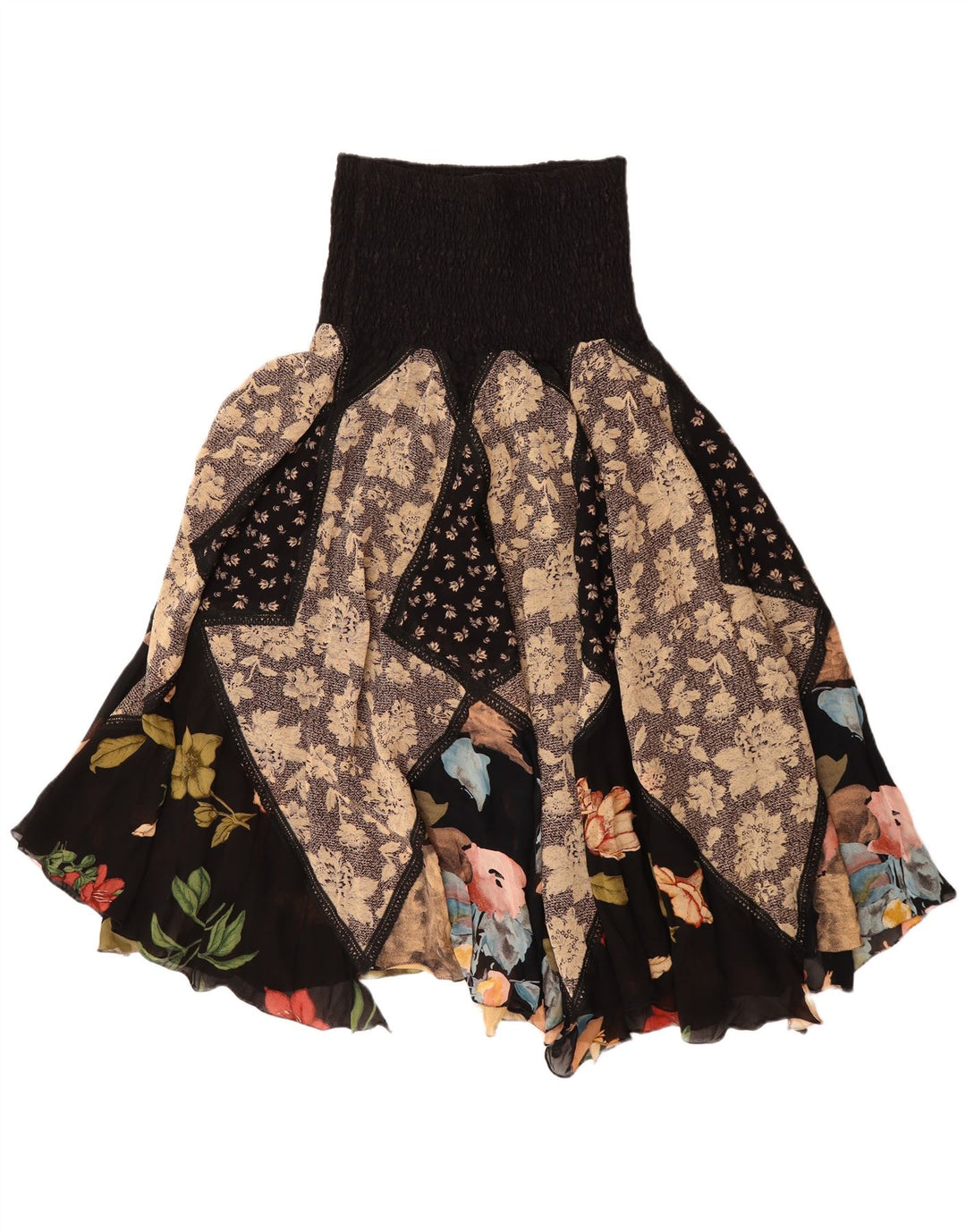 Saia cigana assimétrica feminina vintage W30 patchwork médio multicolorido