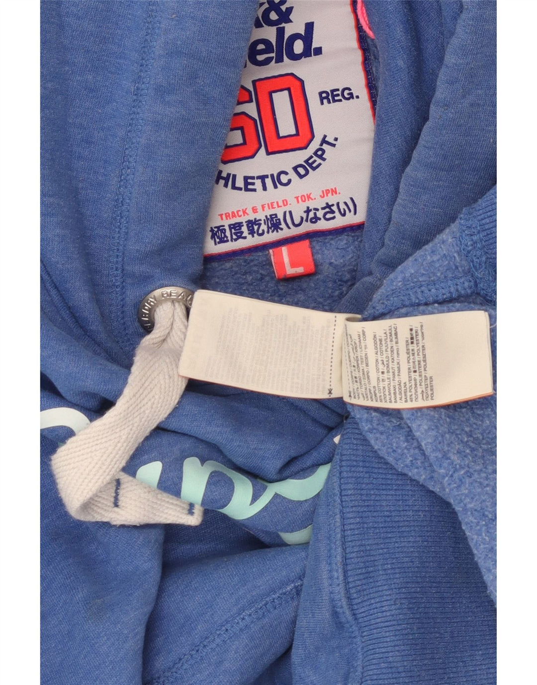 Jumper feminino com capuz gráfico SUPERDRY Reino Unido 16 grande algodão manchado azul