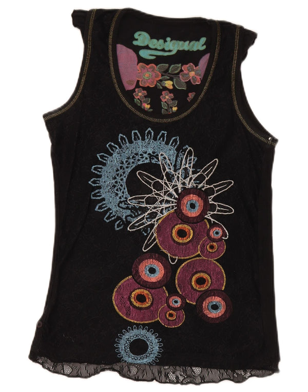 Desigual Womens Vest Top UK 12 Médio Algodão Geométrico Preto