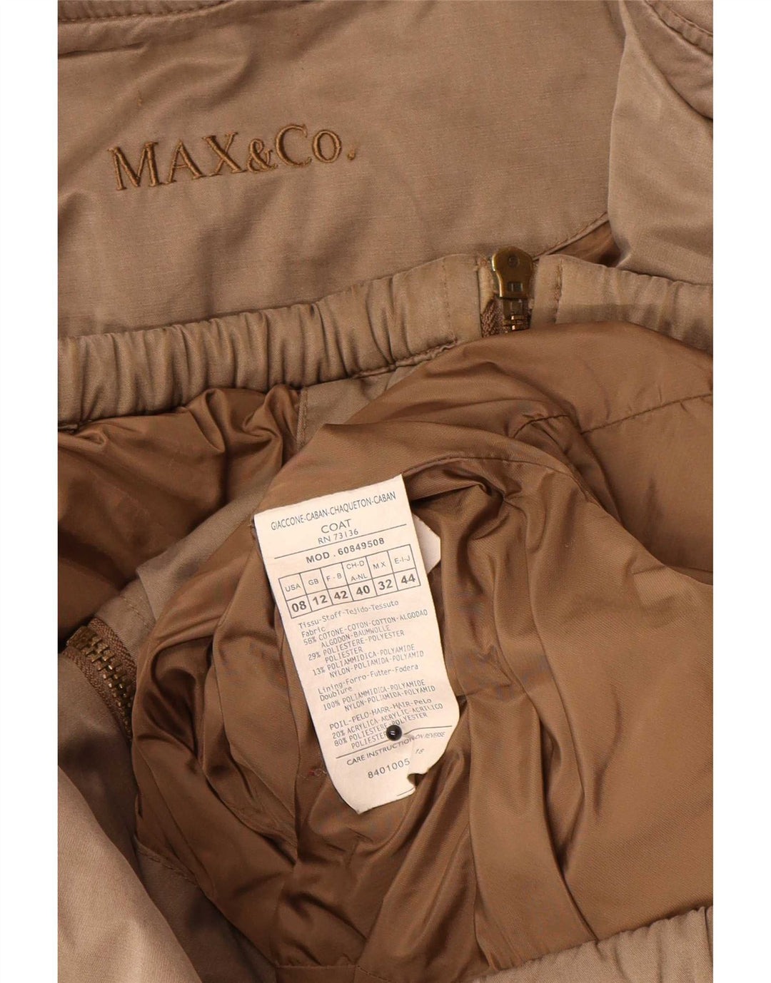 Casaco acolchoado com capuz feminino Max & Co. Reino Unido 12 algodão marrom médio