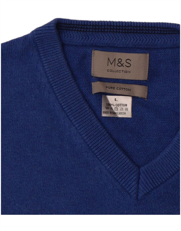 Suéter masculino Marks & Spencer com decote em V grande algodão azul