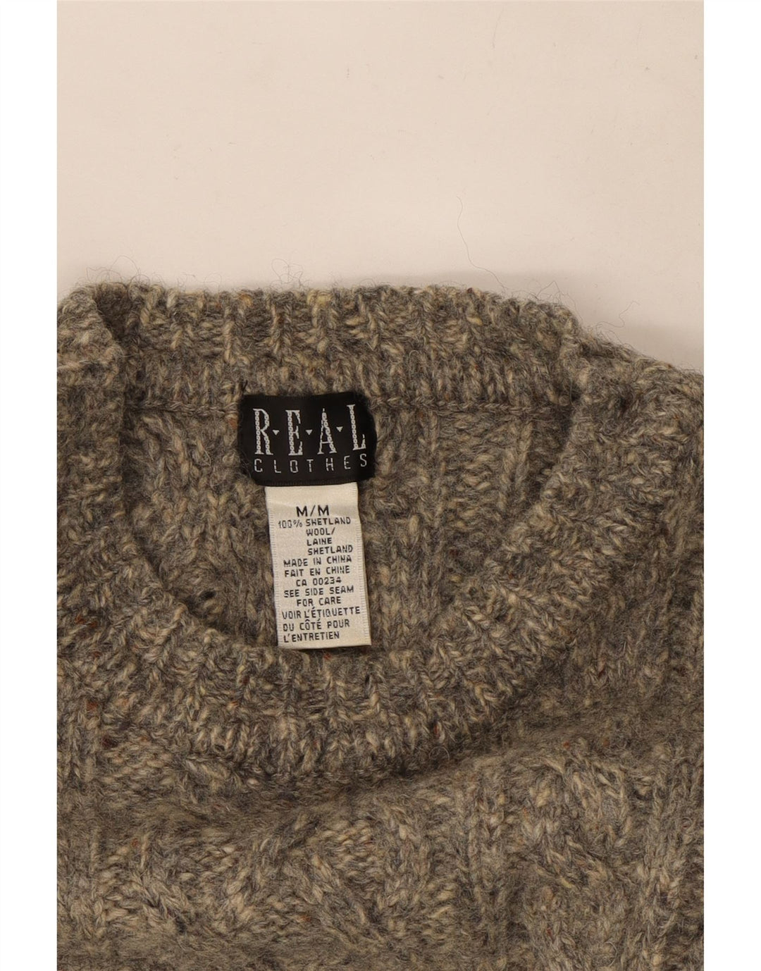 Suéter feminino vintage com gola redonda Reino Unido 14 lã manchada cinza médio