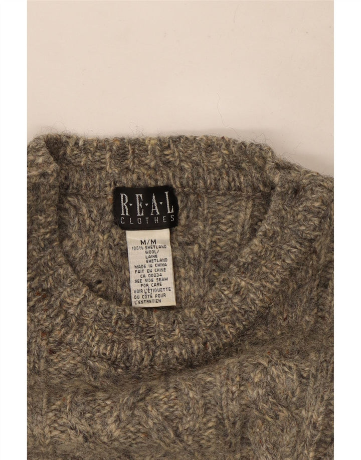 Suéter feminino vintage com gola redonda Reino Unido 14 lã manchada cinza médio