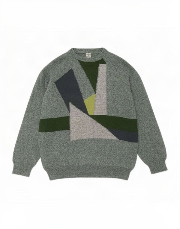 Suéter vintage masculino com gola redonda, algodão geométrico verde médio
