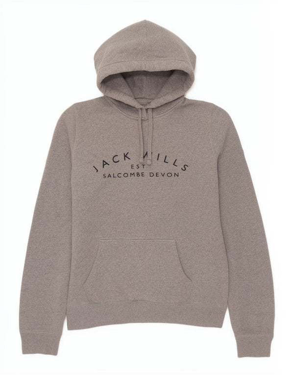 Suéter feminino com capuz gráfico Jack Wills Reino Unido 10 algodão manchado cinza pequeno