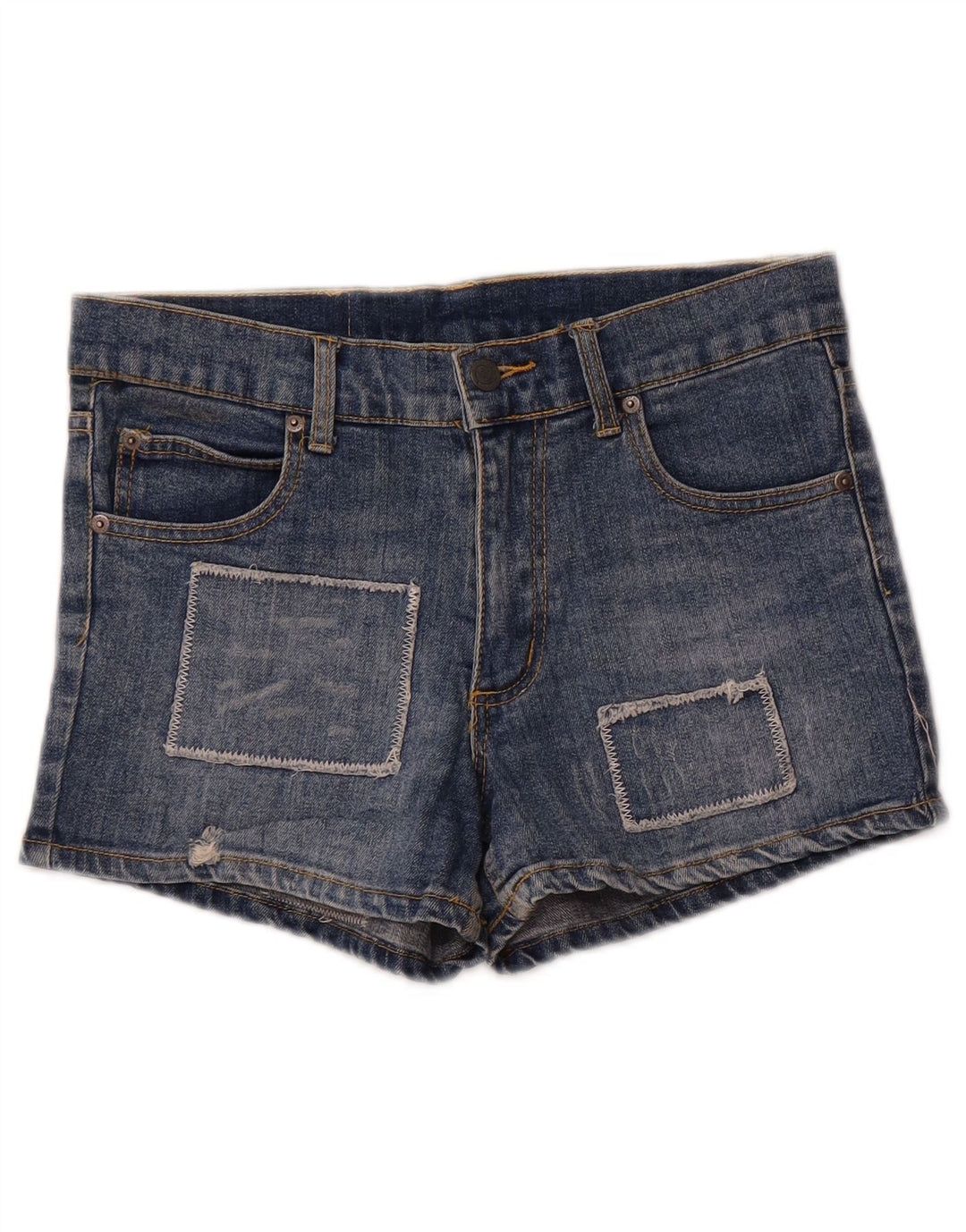 Shorts jeans femininos envelhecidos baratos da segunda-feira W29 patchwork azul médio