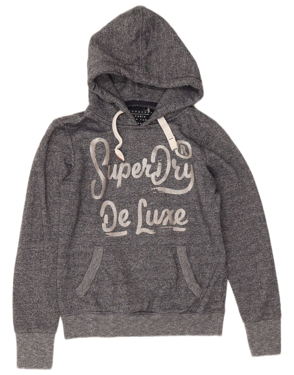 Suéter com capuz gráfico feminino Superdry UK 12 algodão manchado azul marinho médio
