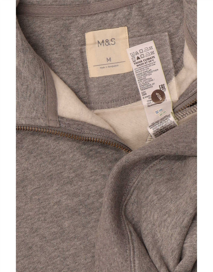 Suéter masculino Marks & Spencer com zíper e gola em algodão manchado cinza médio