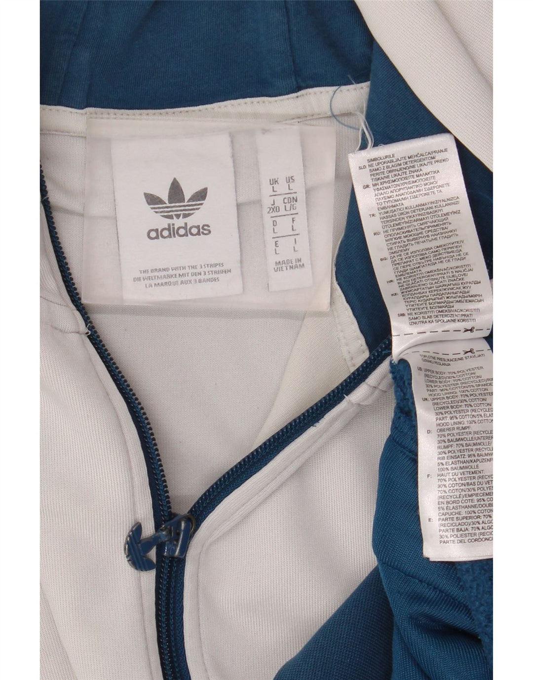 Suéter masculino Adidas com capuz e zíper grande azul colorido bloco de poliéster