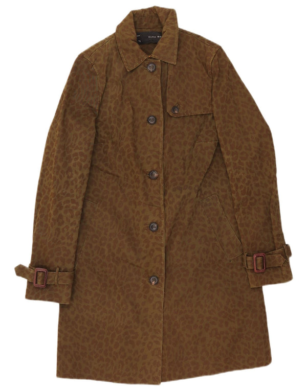 Zara Womens Trench Coat UK 10 Pequeno Cáqui Animal Print Algodão