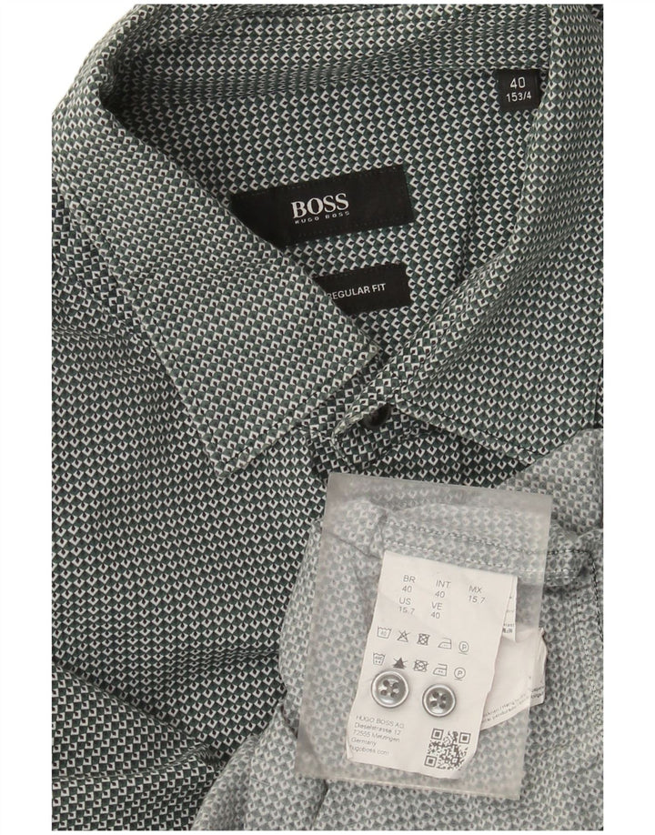 Camisa masculina Hugo Boss Regular Fit tamanho 40 15 3/4 verde médio geométrico