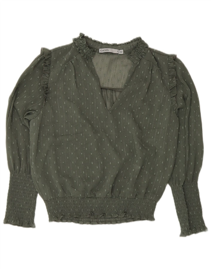 Blusa feminina de manga comprida Oasis UK 8 pequena poliéster manchado cáqui