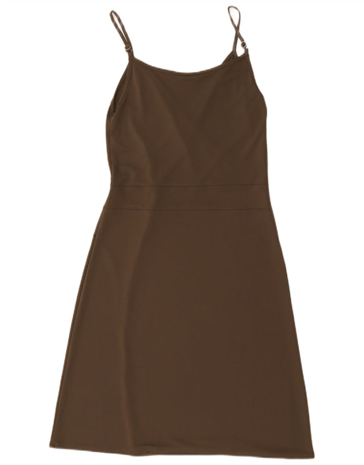 Vestido feminino Marks & Spencer sem mangas evasê Reino Unido 12 médio cáqui
