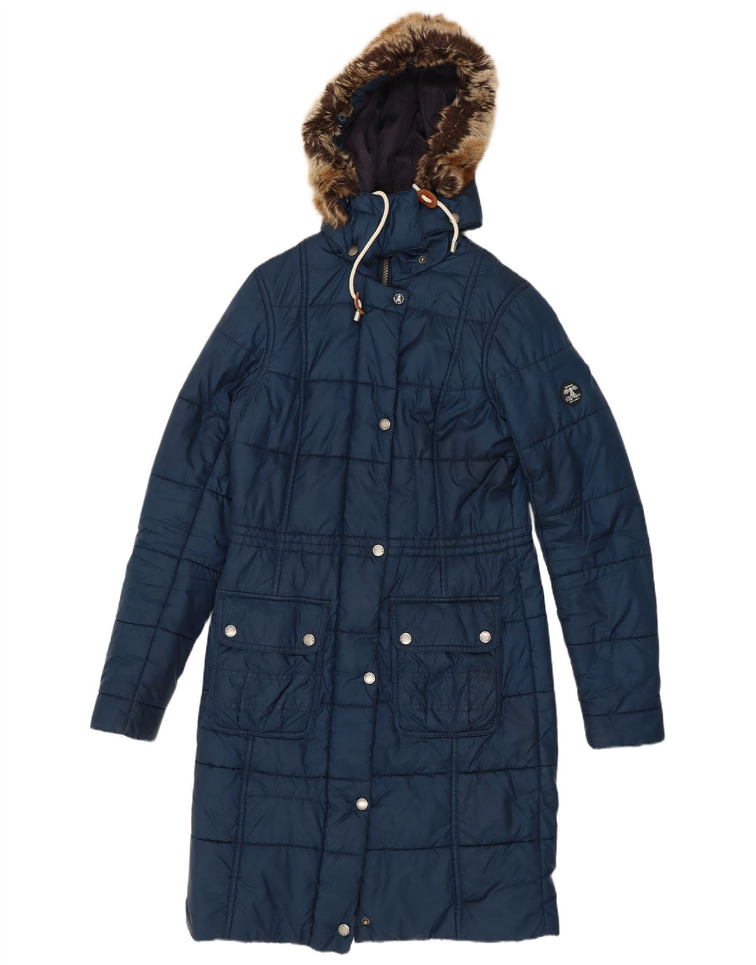 Casaco acolchoado com capuz feminino Barbour UK 8 pequeno poliéster azul marinho