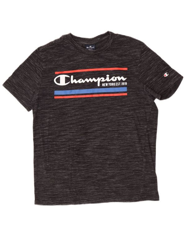 Camiseta masculina com estampa gráfica Champion pequena listra cinza
