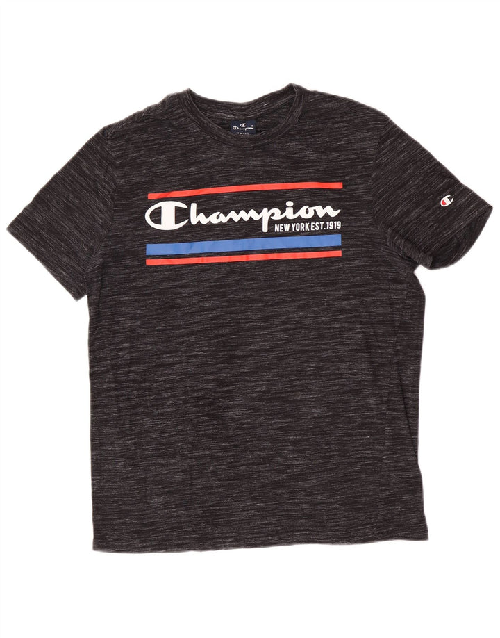Camiseta masculina com estampa gráfica Champion pequena listra cinza