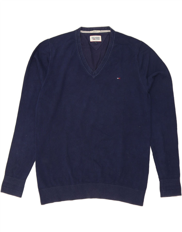 TOMMY HILFIGER Mens V-Neck Jumper Sweater Large Navy Blue Cotton Vintage Tommy Hilfiger and Second-Hand Tommy Hilfiger from Messina Hembry 